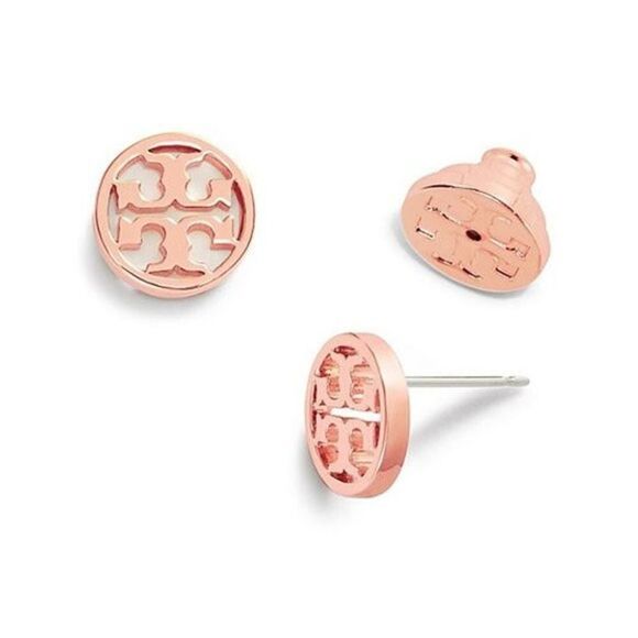 NWOT Tory Burch Rose Gold Logo Miller Stud Earrings - Picture 1 of 4